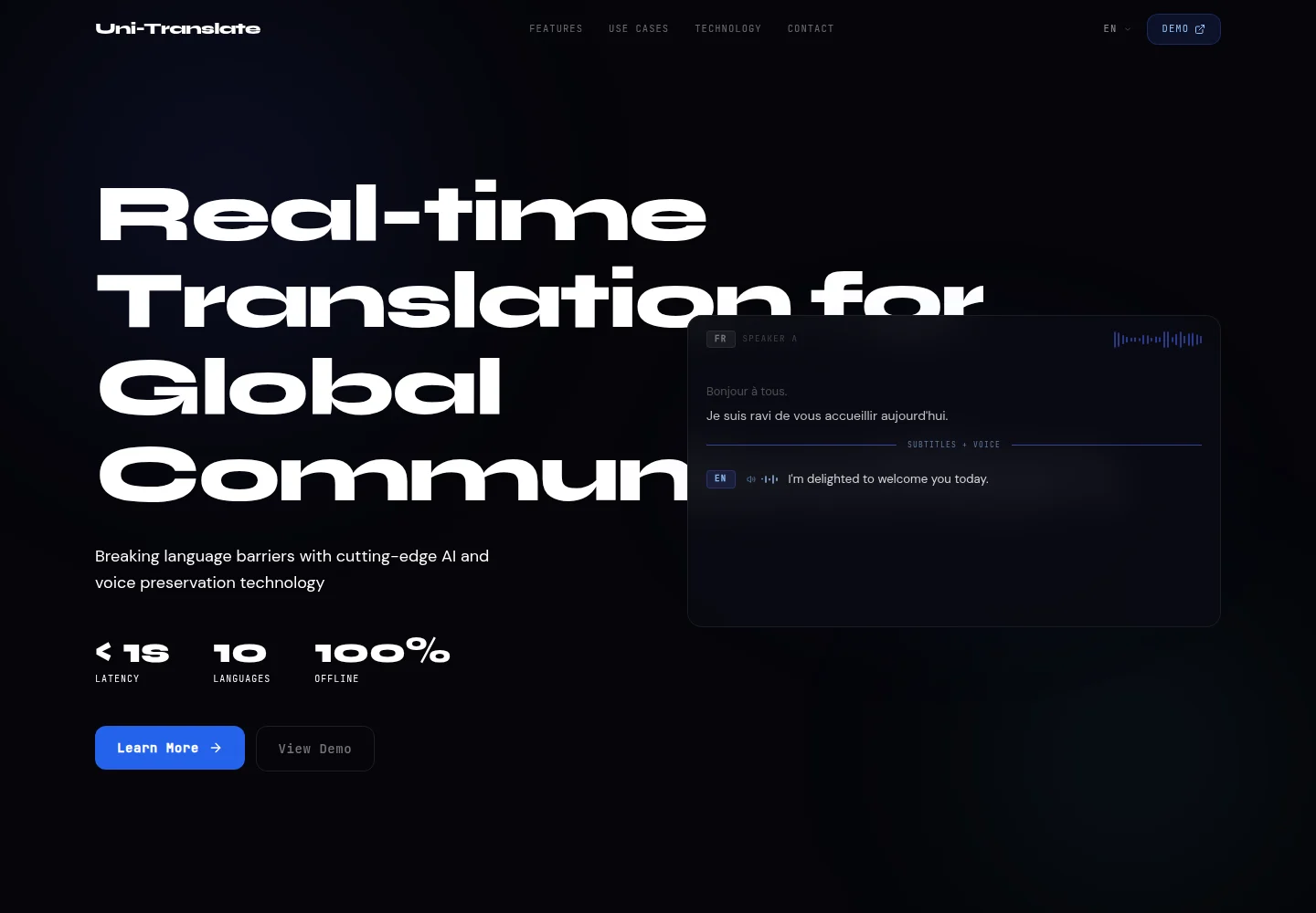 Interface publique du produit de traduction vocale en temps réel Uni-Translate